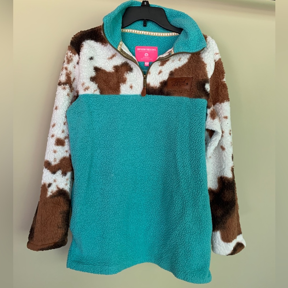 Southern Fried Chics - Teal/cowprint sherpa with pockets - size S